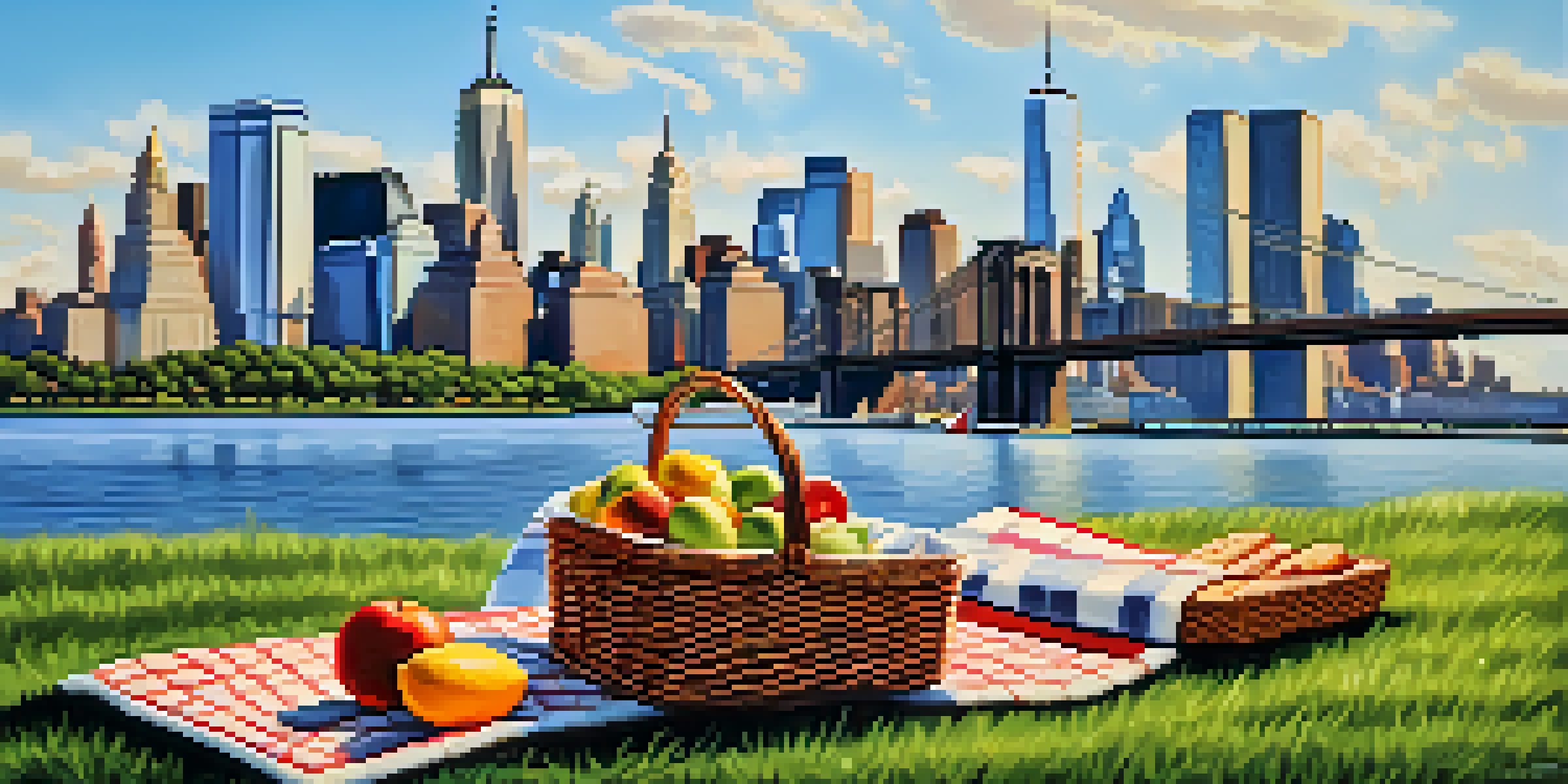A picnic blanket with food set up in Liberty State Park, overlooking the Manhattan skyline and Hudson River under a clear sky.