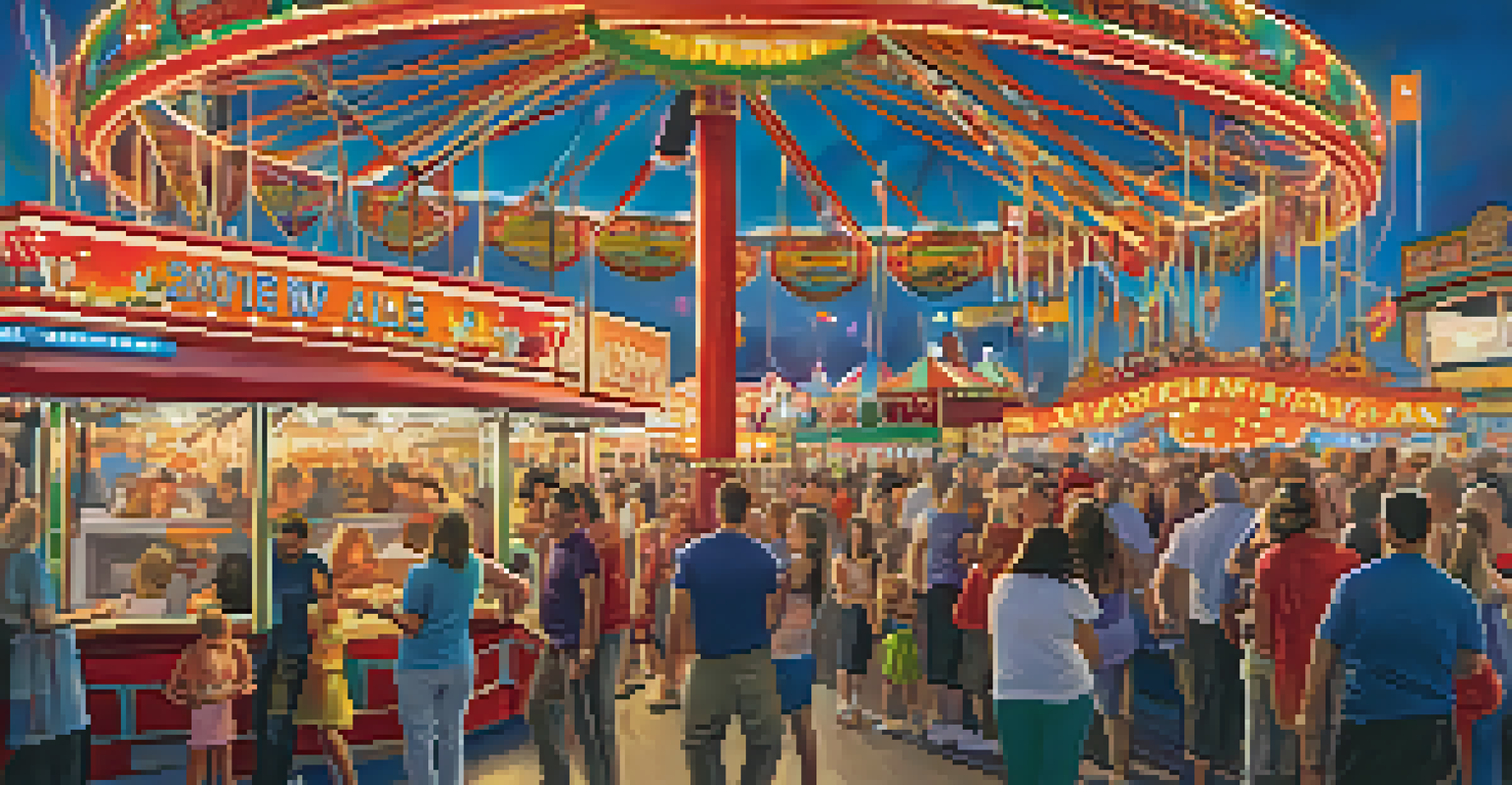 Families enjoying rides and games at the New Jersey State Fair, with colorful lights and deep-fried food stalls creating a festive atmosphere.