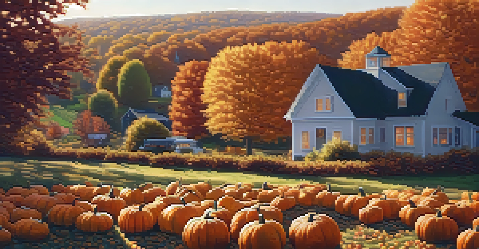 An autumn pumpkin patch with families picking pumpkins under colorful fall leaves, with apple trees in the background, illuminated by the warm light of sunset.