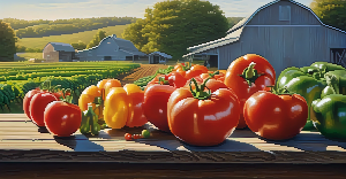 A picturesque New Jersey farm scene with colorful vegetables on a rustic table, set against a green farm backdrop during sunrise.