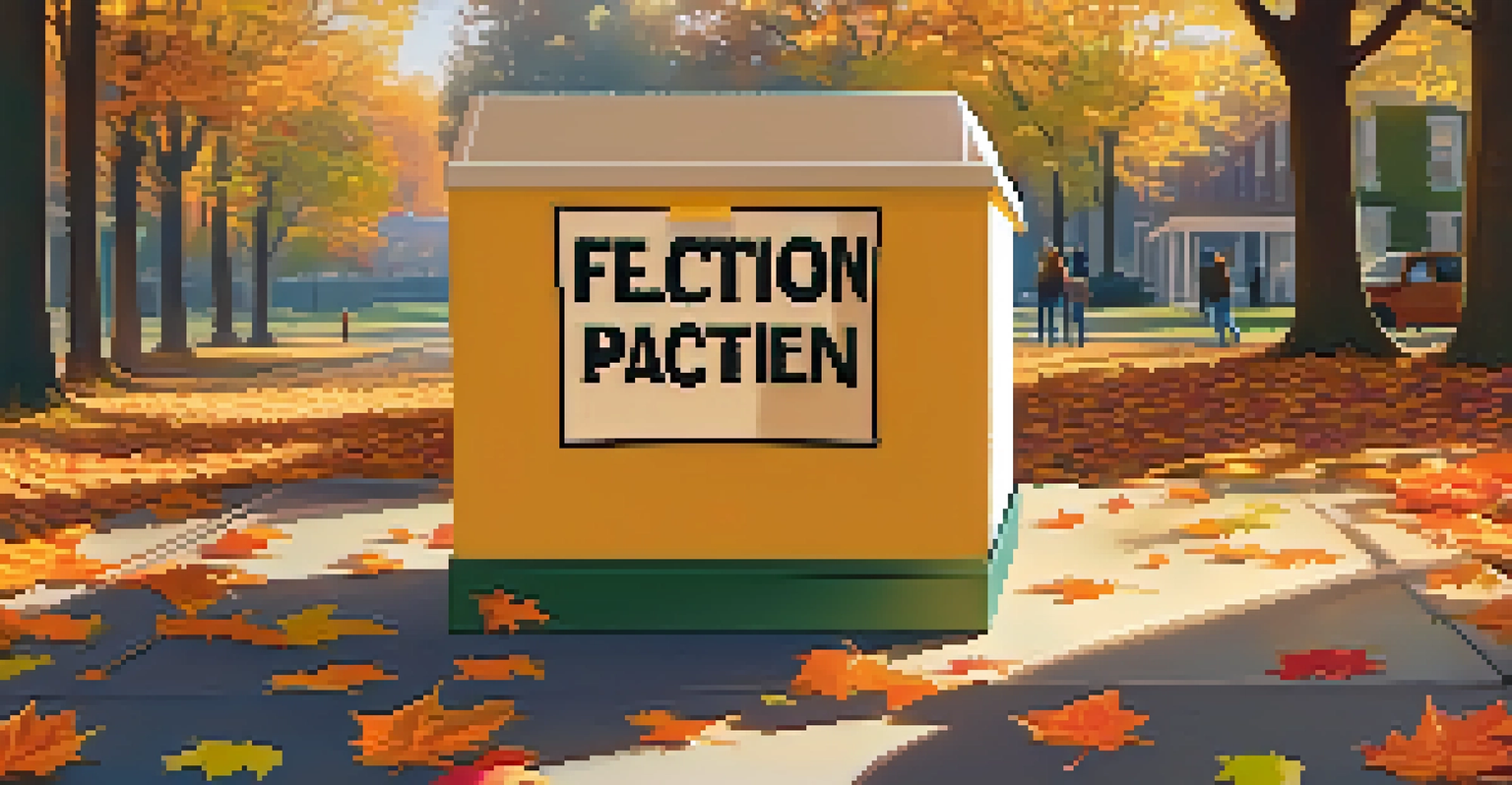 A close-up of a colorful ballot box surrounded by autumn leaves, with voters in line in the background on election day.