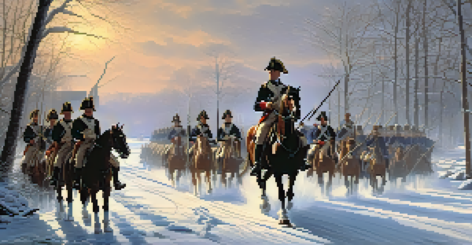 General Washington leading troops across the icy Delaware River during the Battle of Trenton at dawn.