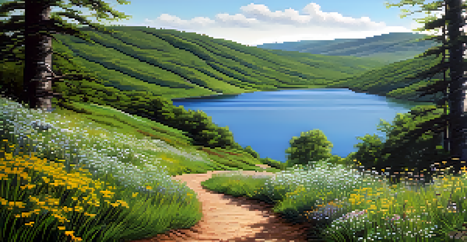 Hikers on the Cushetunk Trail with wildflowers and a reservoir in the background on a sunny day.