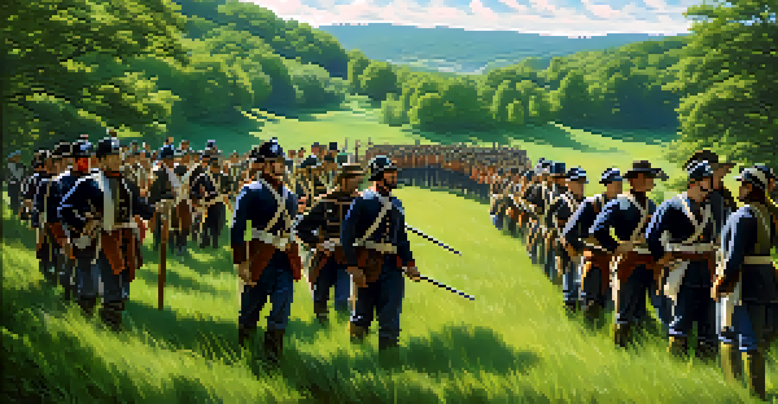 The New Jersey Volunteers preparing for battle in a green field, showcasing diversity and determination.