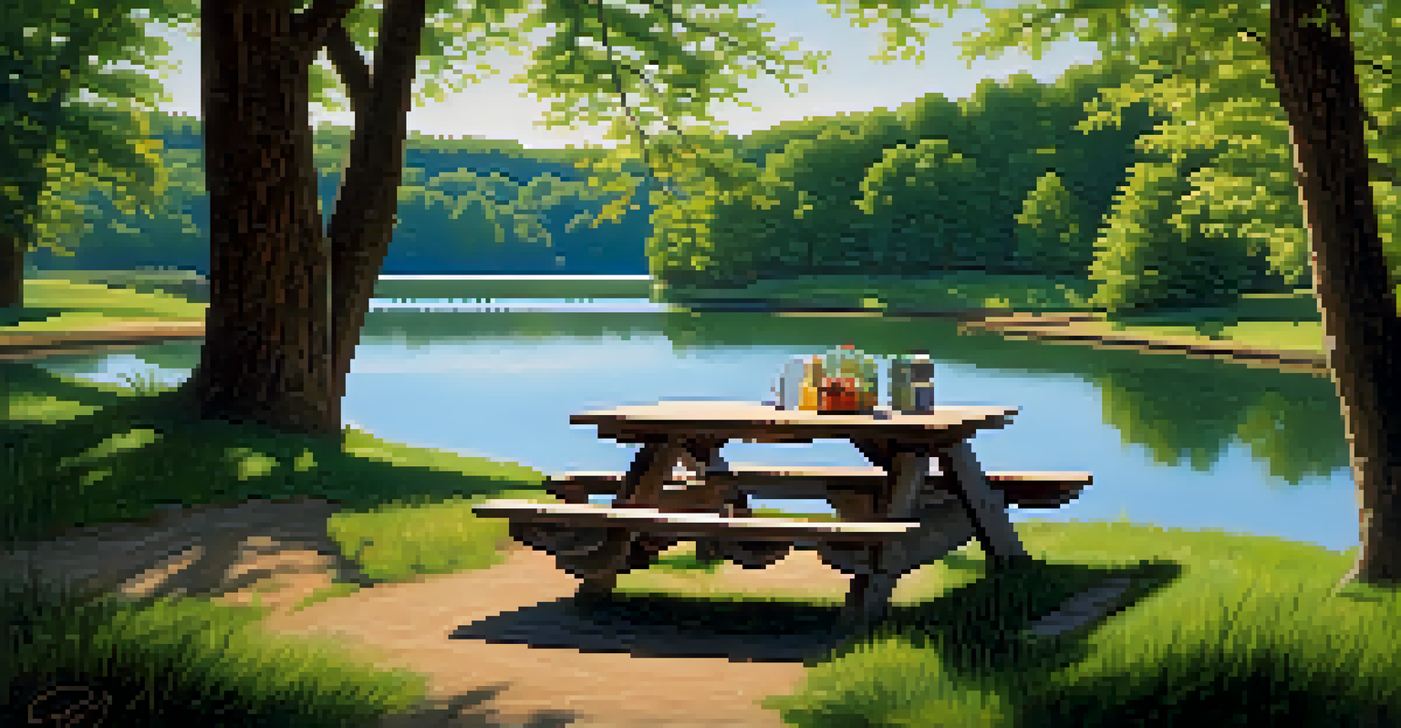 A picnic table by a calm reservoir in Round Valley Recreation Area, surrounded by greenery and sunlight.