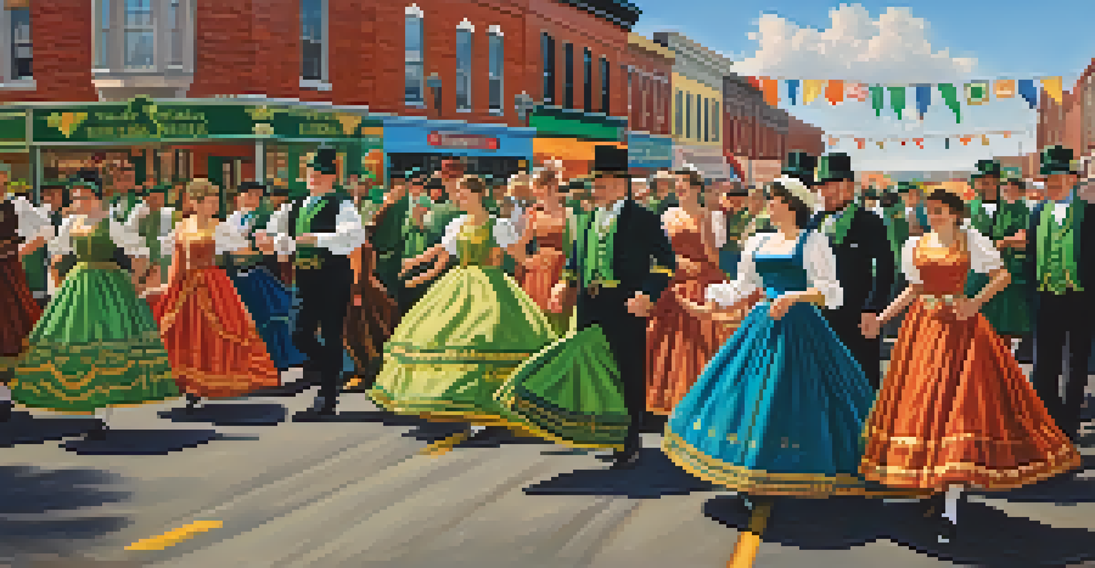 A lively parade scene celebrating Irish culture with music and dancers in a 19th century New Jersey street.