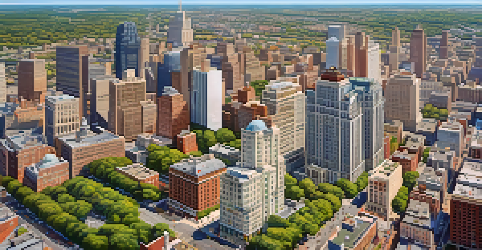 A vibrant aerial view of a New Jersey city, highlighting skyscrapers, historic buildings, and busy streets.