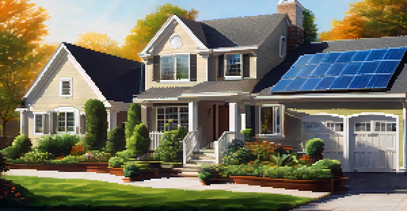 A suburban home with solar panels surrounded by greenery, featuring a family gardening in the background on a sunny day.