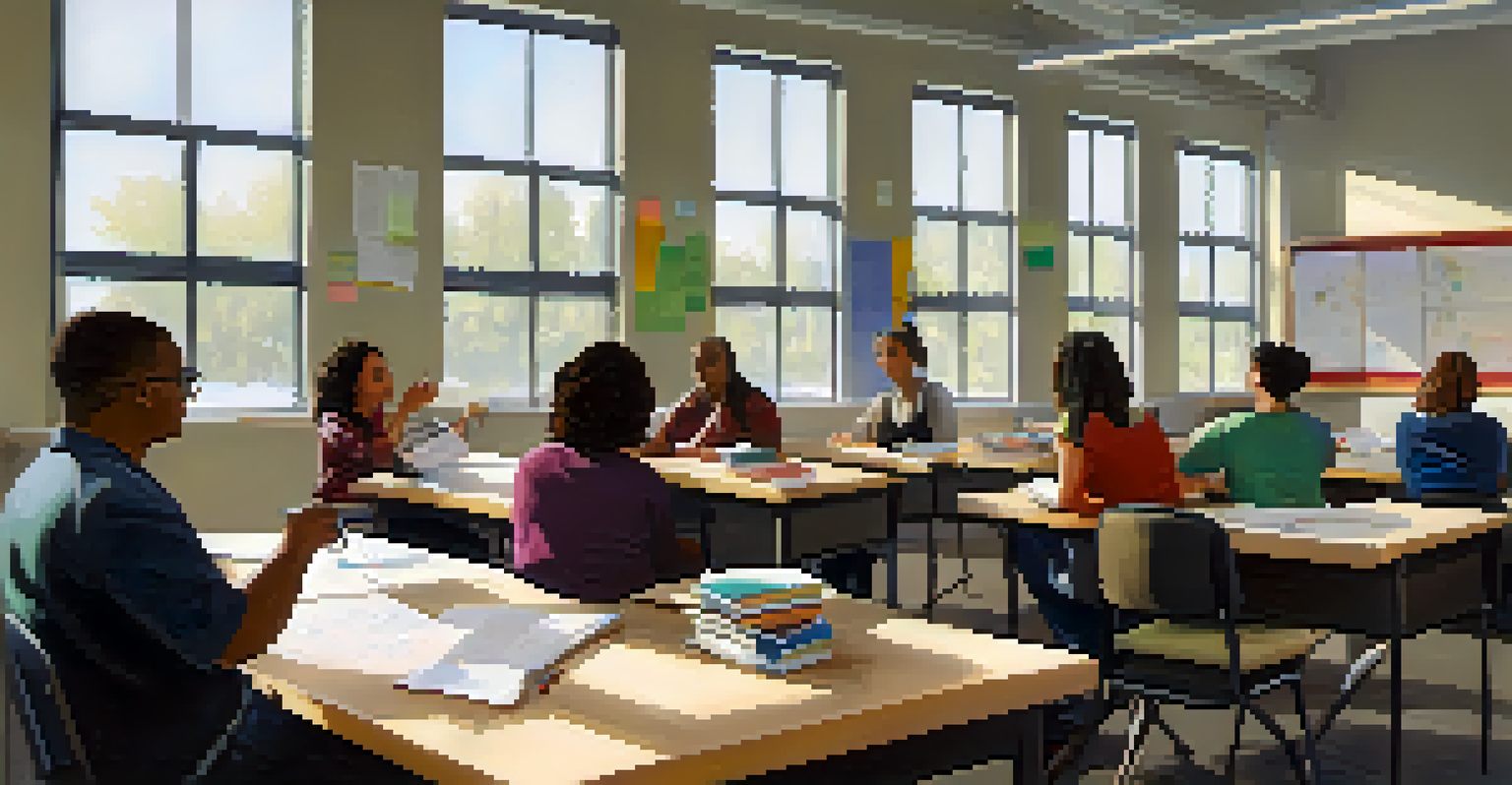 A diverse group of adult learners in a bright classroom engaged in a workshop, with an instructor demonstrating on a whiteboard.
