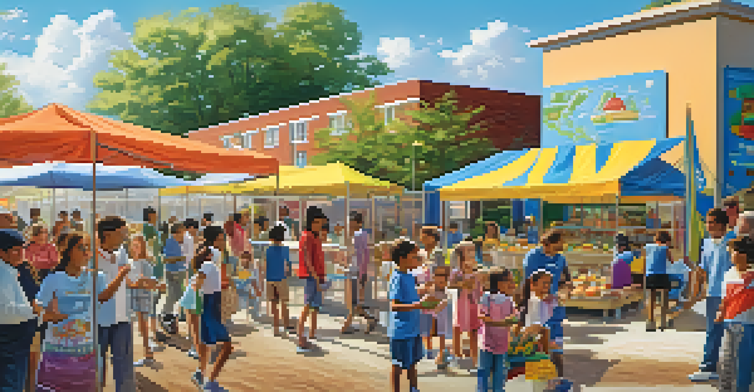 A lively outdoor community event at a school with families and children participating in activities.