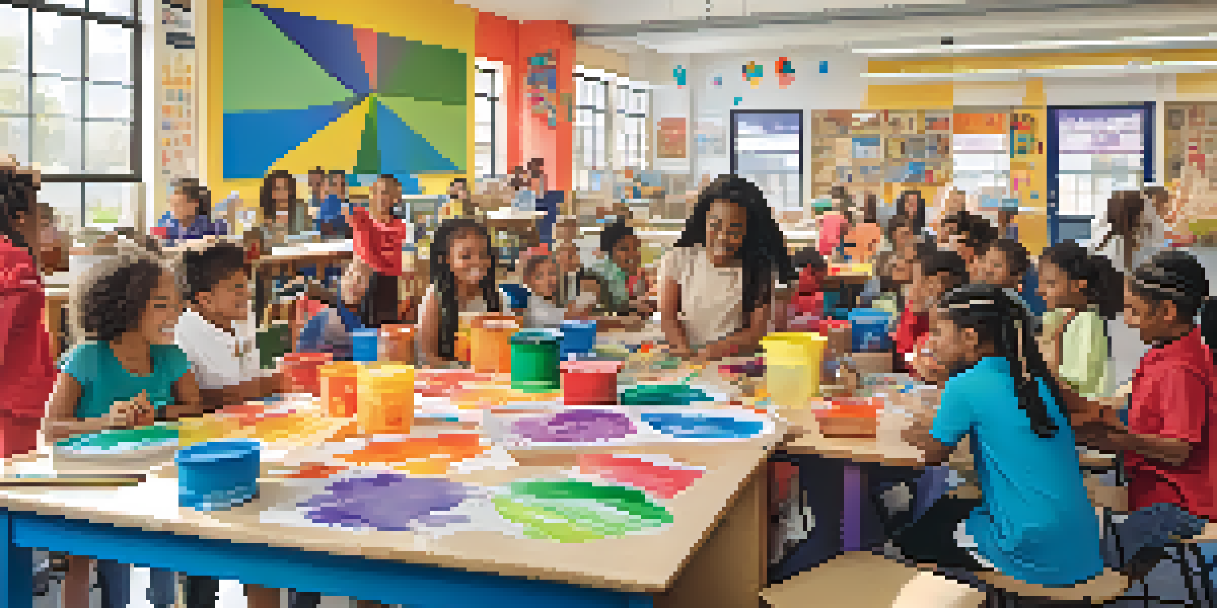 A diverse group of children happily working together on an art project in a bright, colorful classroom filled with art supplies and educational posters.