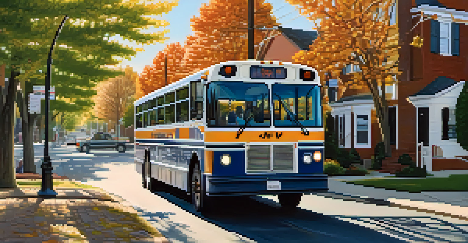 An NJ Transit bus traveling through a picturesque suburban area, highlighting community and public transportation.