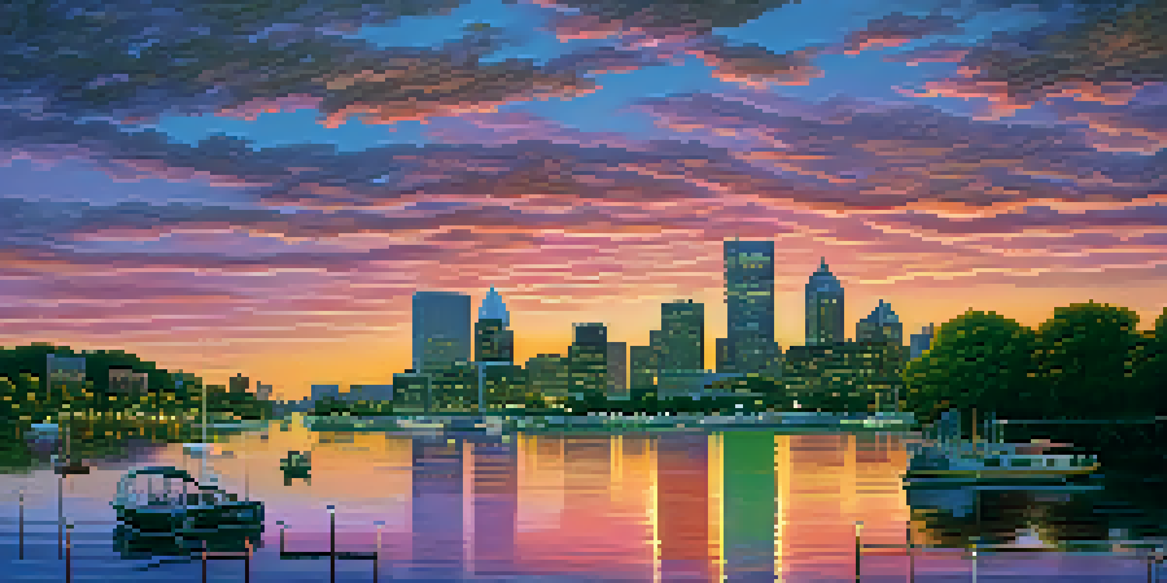 A sunset over the New Jersey skyline with colorful skies and silhouetted buildings, surrounded by trees and boats on the water.