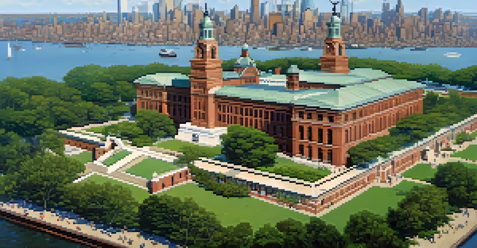 Aerial view of Ellis Island with visitors exploring, surrounded by greenery and the New York City skyline in the background.