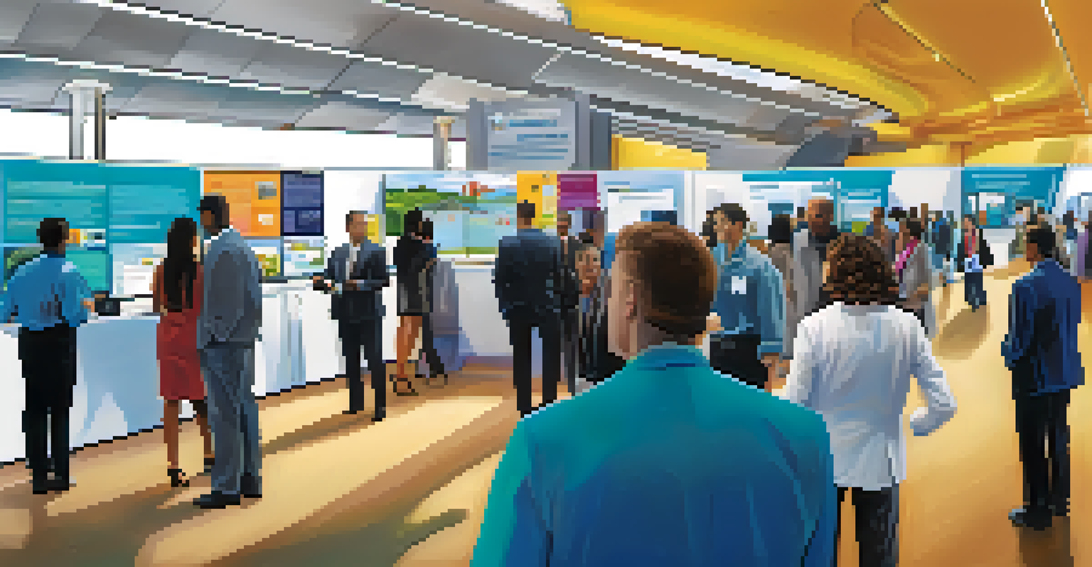 A futuristic job fair scene in New Jersey showcasing booths for various industries and attendees exploring opportunities.