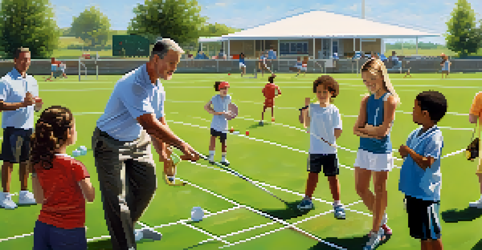 A close-up of children participating in a community sports clinic, with a coach providing instruction and parents observing.
