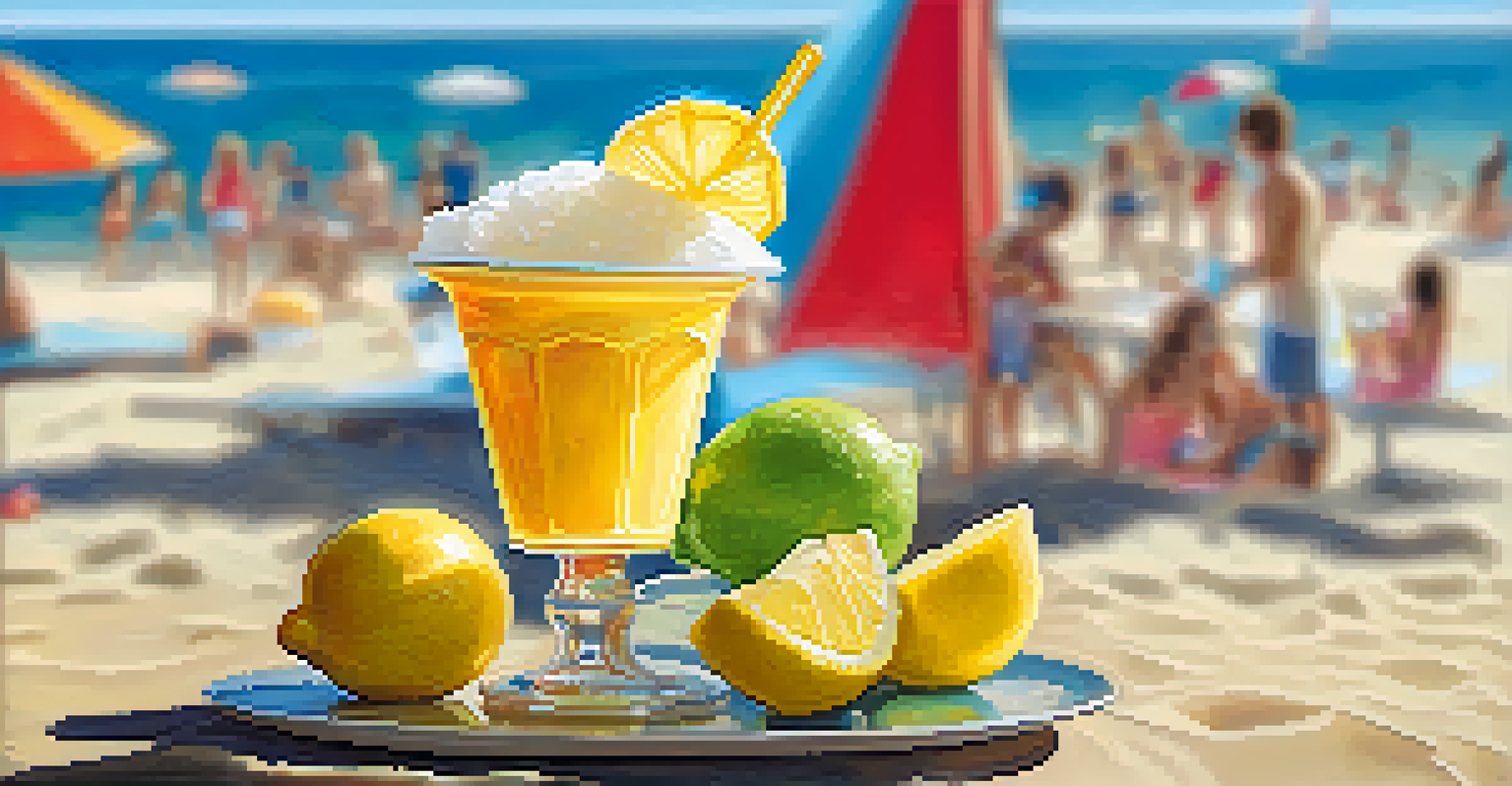 A cup of lemon-flavored Italian ice held against a sunny beach backdrop, with people enjoying summer.