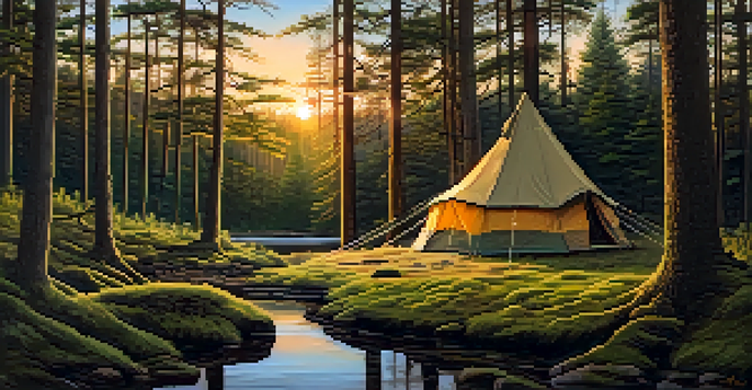 A peaceful campsite in a pine forest during sunset, with a wooden tent, a stream, and deer in the background.
