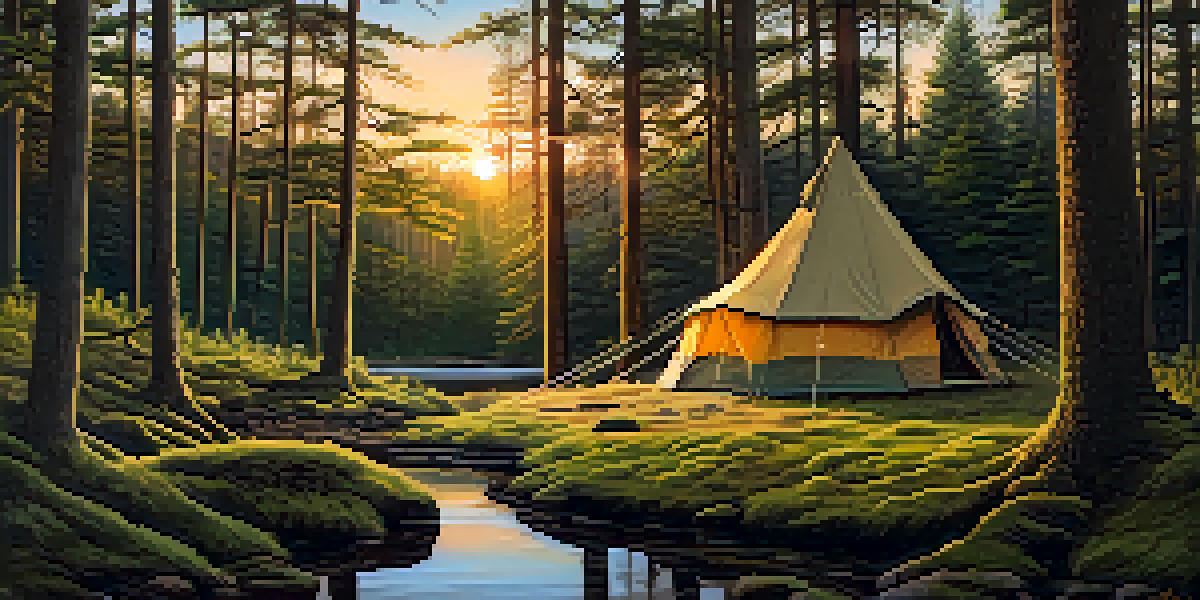 A peaceful campsite in a pine forest during sunset, with a wooden tent, a stream, and deer in the background.