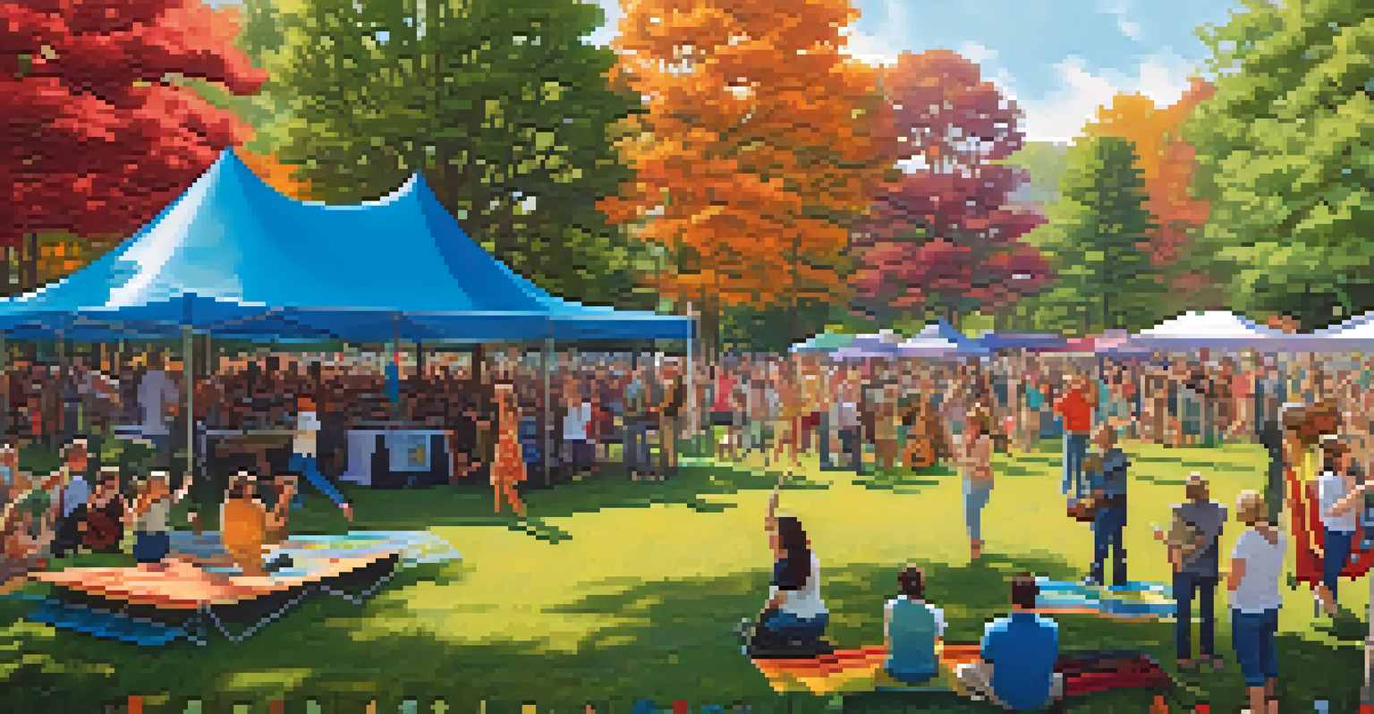 A lively folk music festival outdoors, with performers on stage and attendees enjoying the atmosphere.