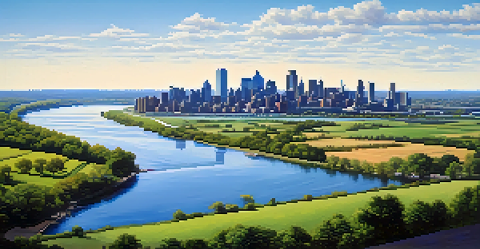 A beautiful landscape of New Jersey showing an urban skyline and rural fields, with a river and clear blue sky.