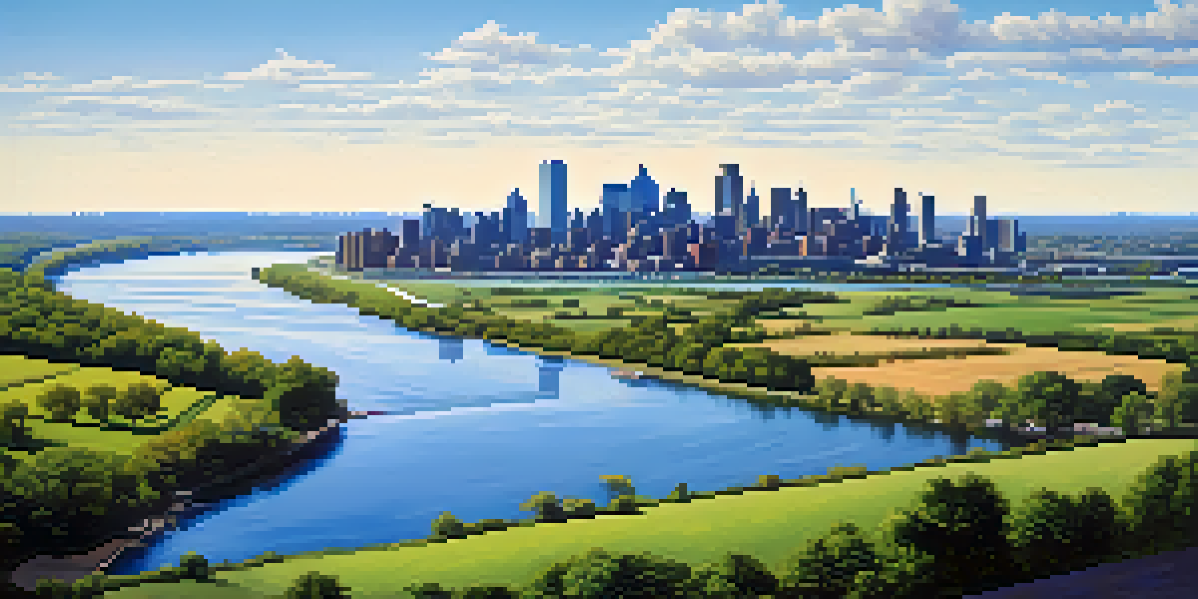 A beautiful landscape of New Jersey showing an urban skyline and rural fields, with a river and clear blue sky.