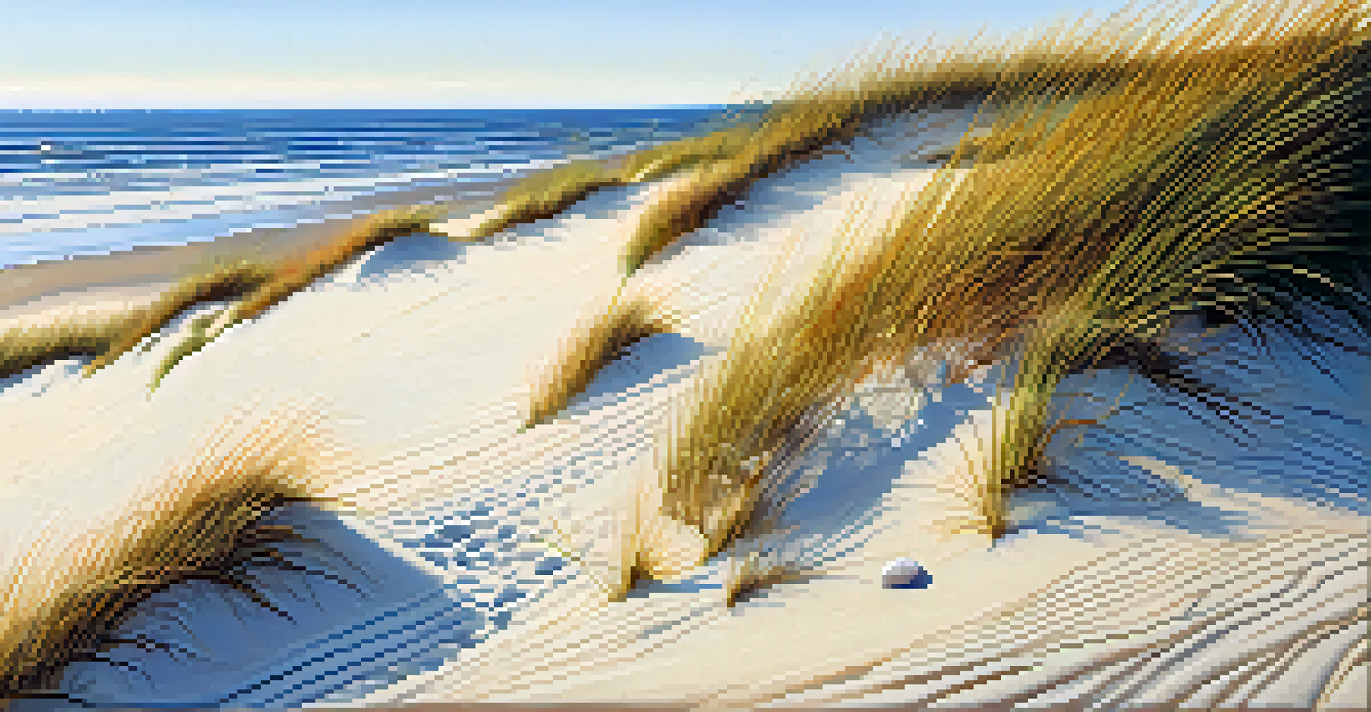 A close-up view of a dune system with sand, beach grass, and seashells on a New Jersey beach.