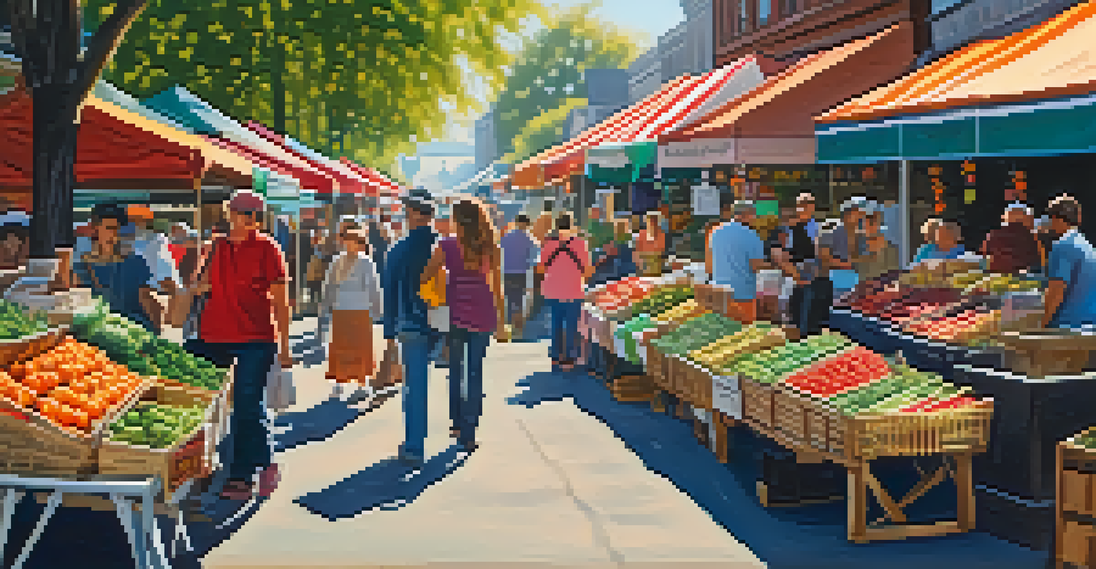 A lively street market in New Jersey with colorful stalls, shoppers, and sunlight filtering through trees.