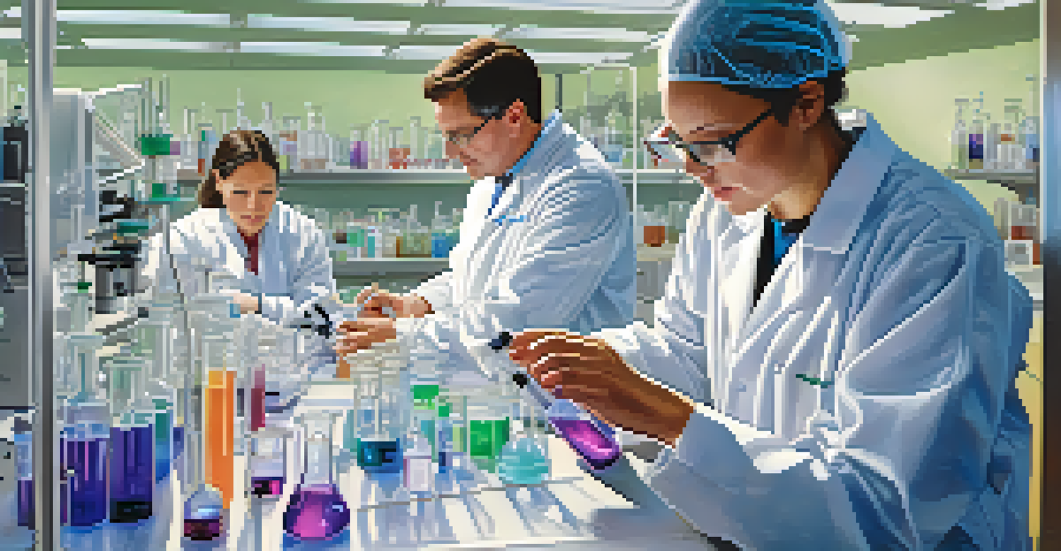 A close-up of scientists in a laboratory in New Jersey, conducting experiments with advanced equipment and colorful chemical reactions.