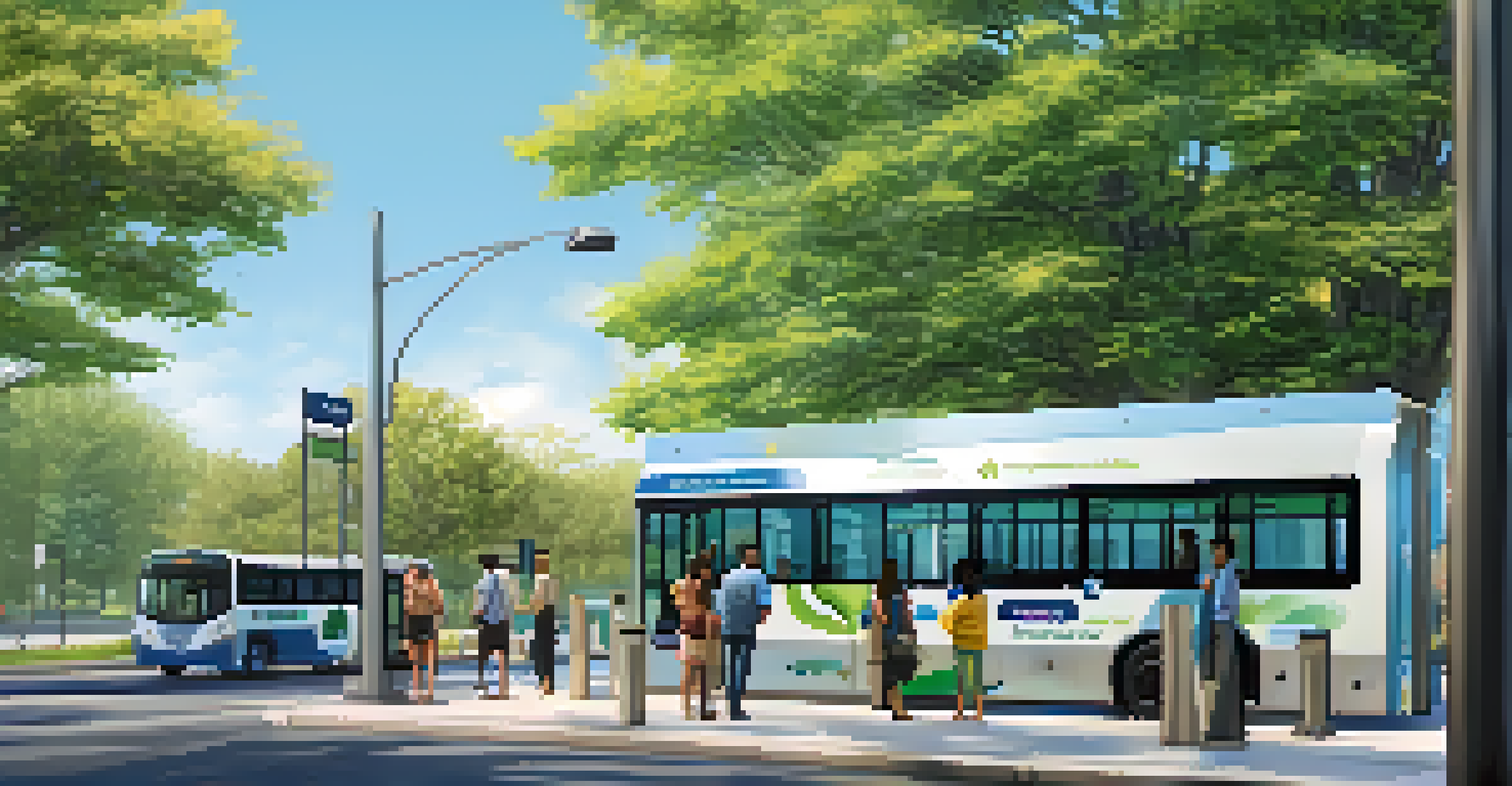 A modern New Jersey bus stop with a green bus and passengers waiting, surrounded by trees.