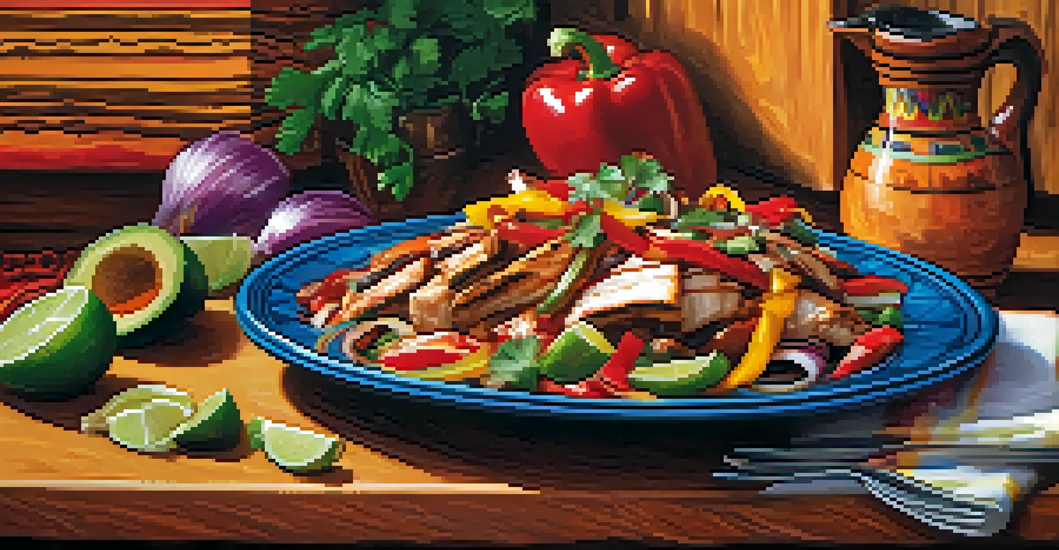 A plate of sizzling fajitas with grilled chicken and peppers, served in a lively Mexican restaurant setting.