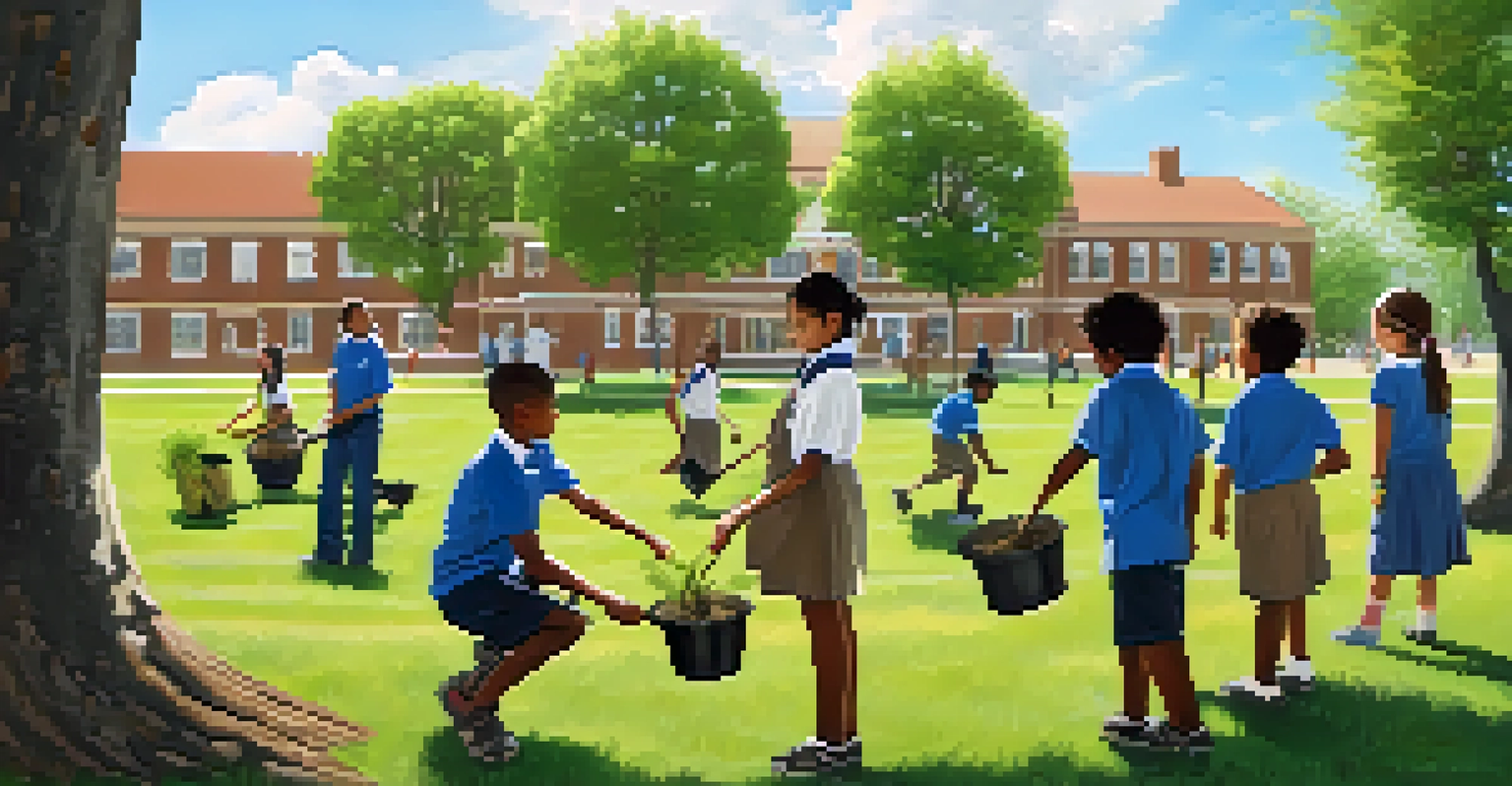 Children planting trees in a park for a community service project, surrounded by supportive parents and teachers in a sunny outdoor setting.