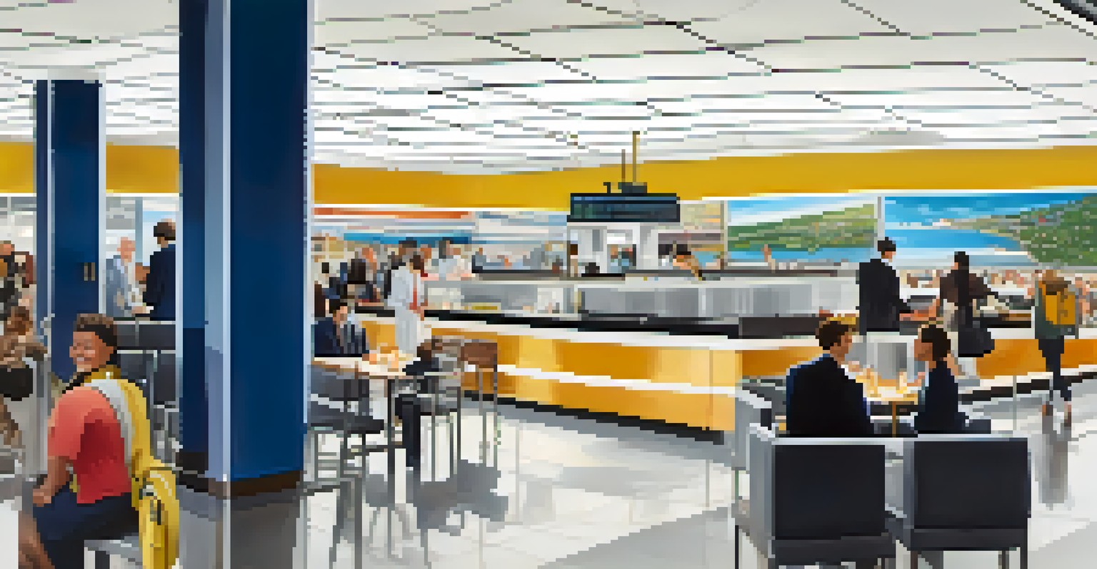Inside LaGuardia Airport, highlighting the modern terminal design with art, seating areas, and people dining.
