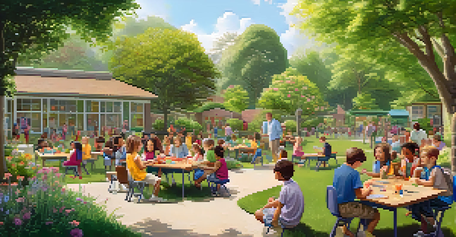 A community gathering in a school garden with families and teachers interacting, surrounded by greenery and flowers.