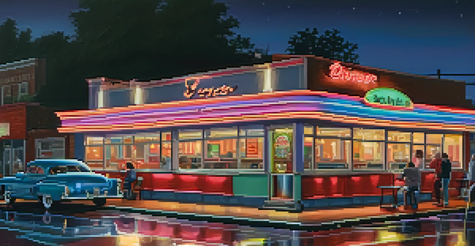 A lively New Jersey diner at night with neon lights and people enjoying meals inside.