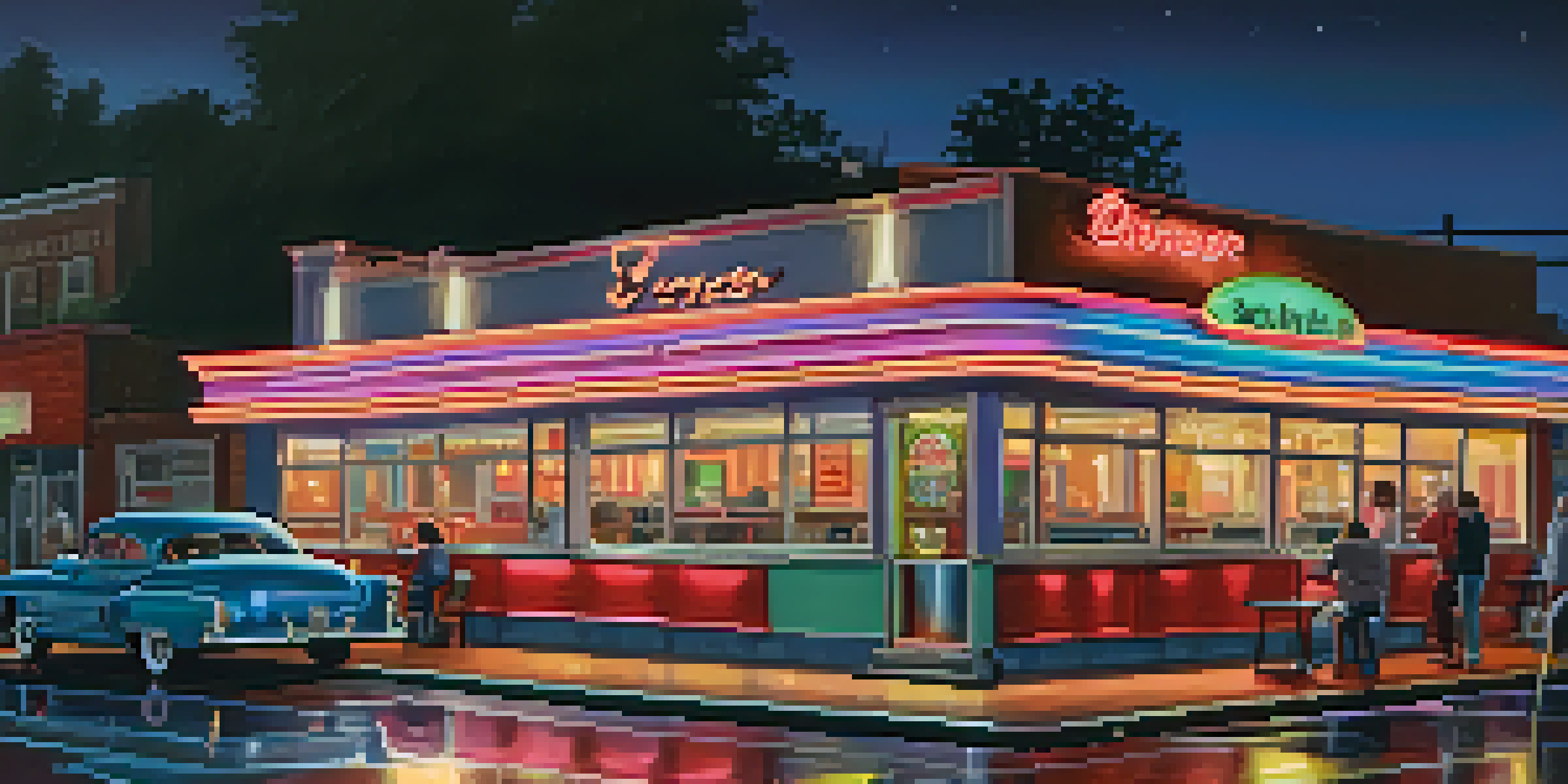 A lively New Jersey diner at night with neon lights and people enjoying meals inside.