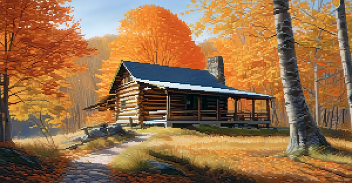 A beautiful autumn landscape of Morristown National Historical Park with colorful leaves and a rustic cabin.
