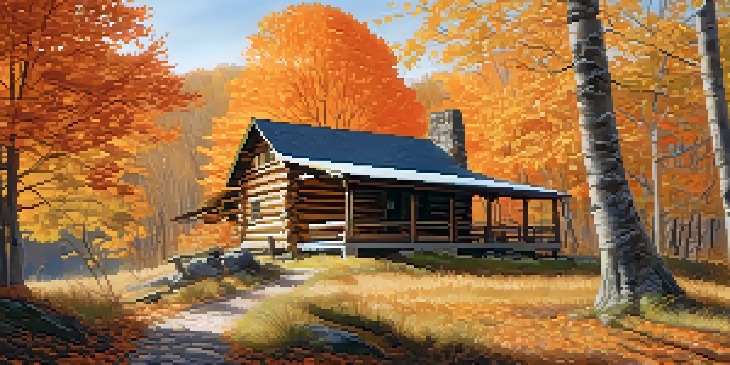 A beautiful autumn landscape of Morristown National Historical Park with colorful leaves and a rustic cabin.