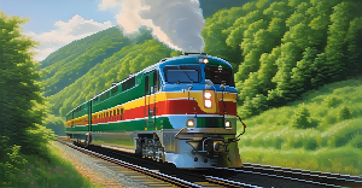 A bright train moving through a green landscape in New Jersey, surrounded by hills and trees under soft sunlight.