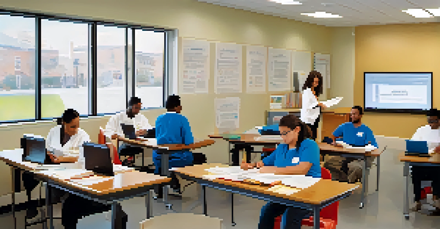 Adult learners in a vocational training program in New Jersey, with an instructor demonstrating skills on a computer. The classroom is bright and collaborative.