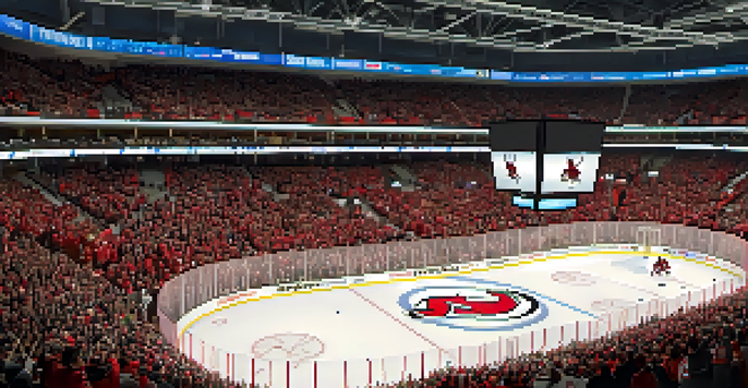 A crowded arena filled with fans in red and black jerseys, cheering for the New Jersey Devils during a hockey game.