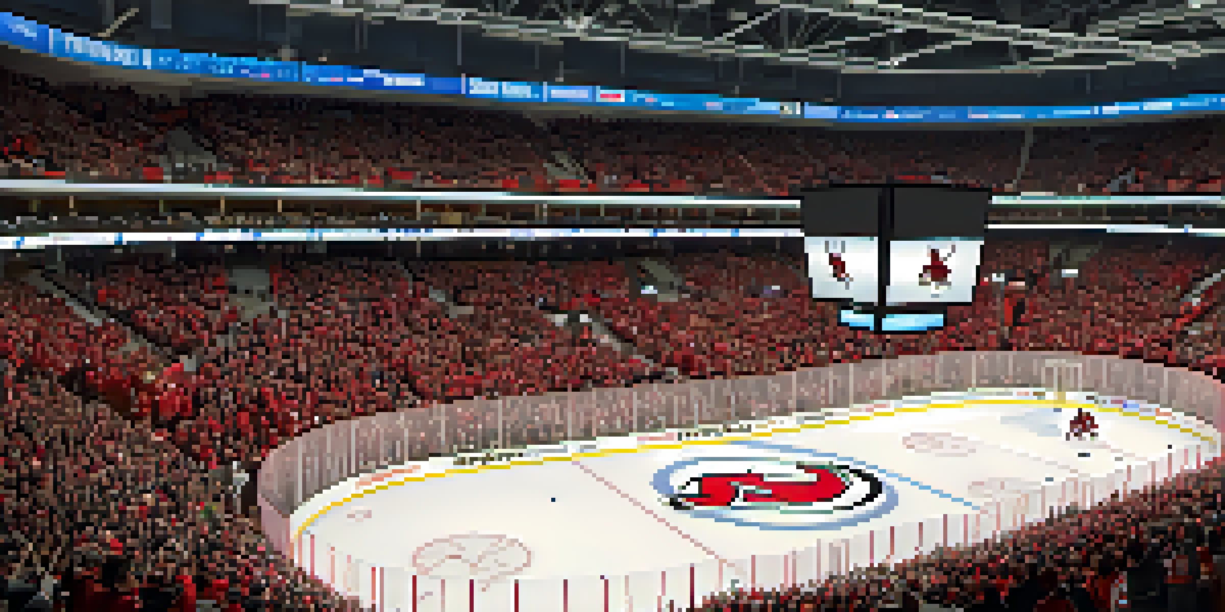 A crowded arena filled with fans in red and black jerseys, cheering for the New Jersey Devils during a hockey game.