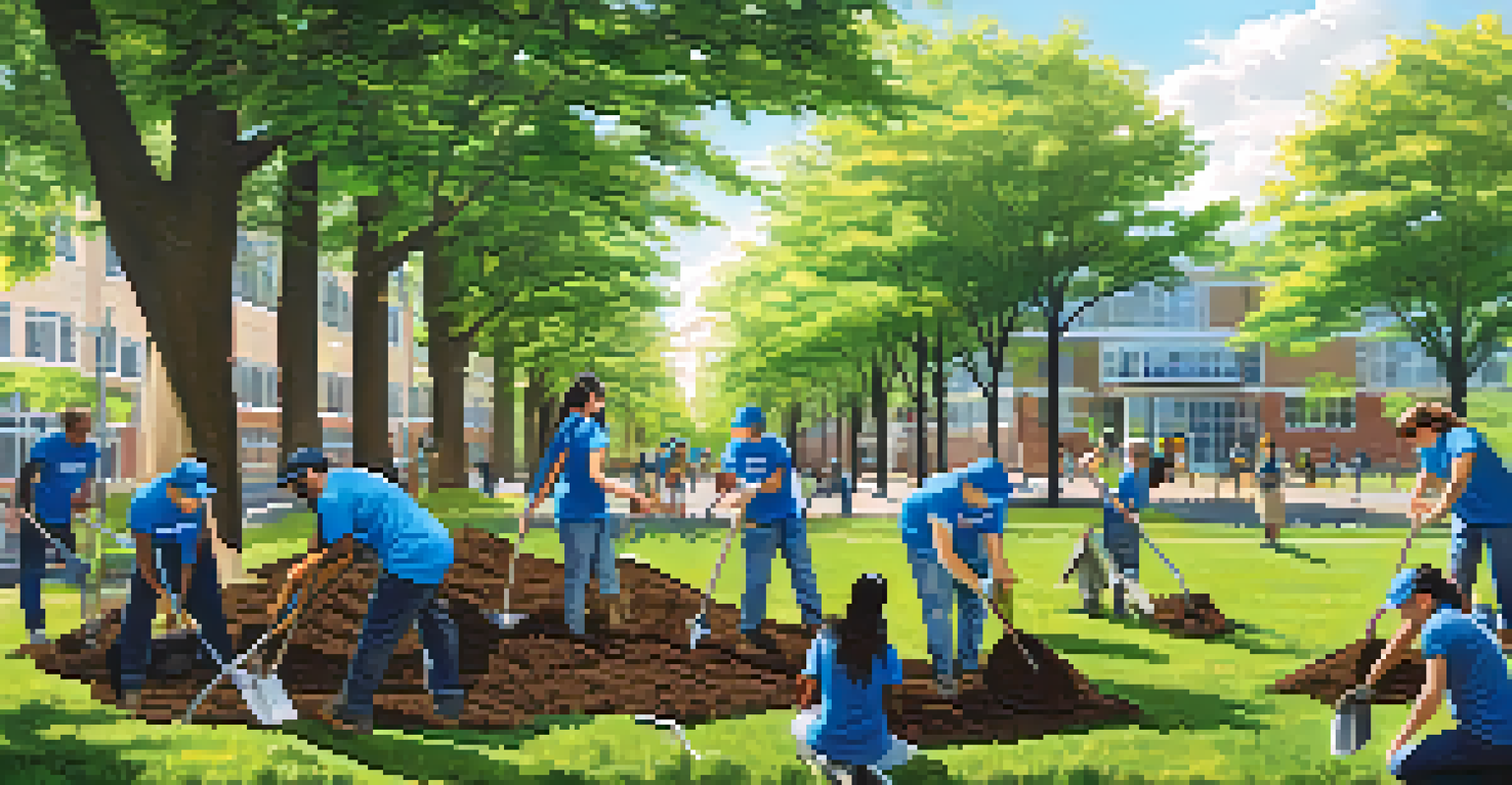 Students participating in a community service project, planting trees in a park under clear blue skies.