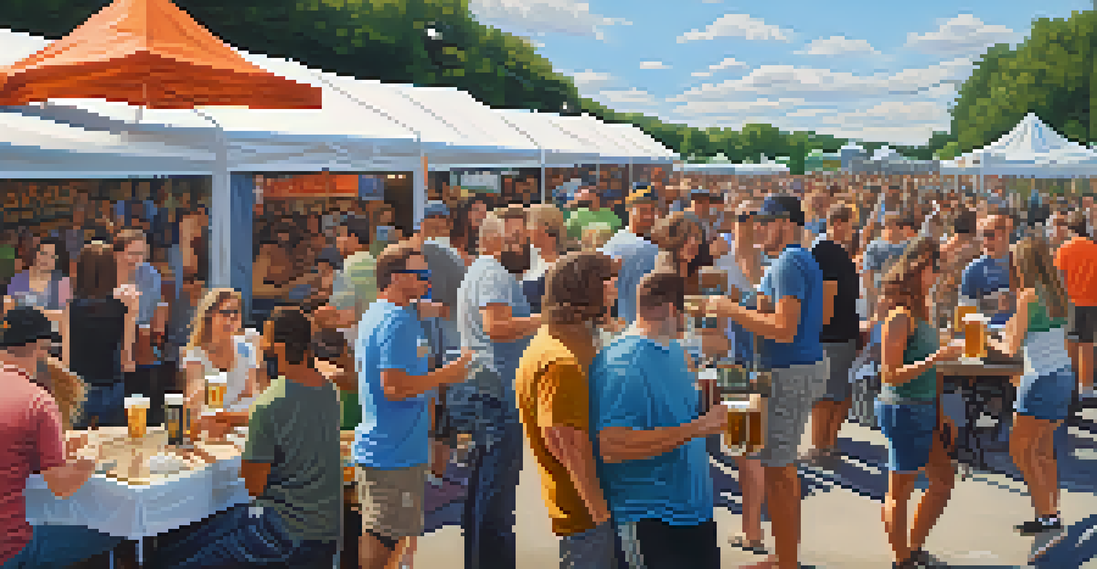 A crowd of beer enthusiasts enjoying the NJ Craft Beer Festival, sampling craft beers at outdoor booths with lively music and food trucks.