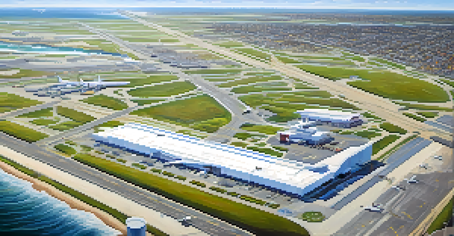 Aerial perspective of Atlantic City International Airport surrounded by lush greenery and ocean views, under a bright sky.