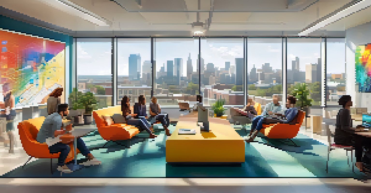 An innovation hub in New Jersey with people collaborating in a modern workspace filled with tech and vibrant decor.