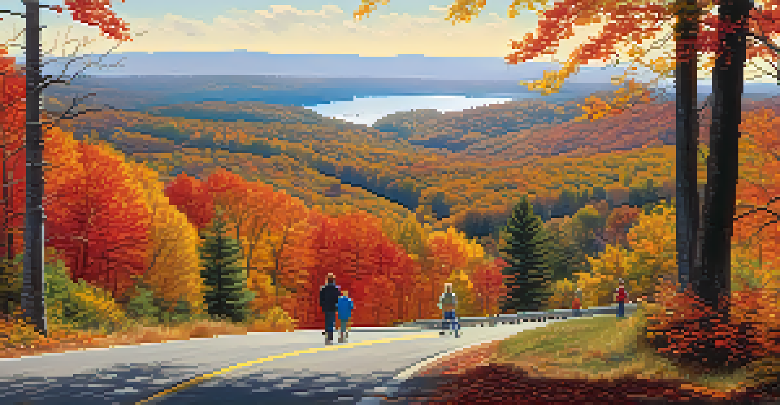 A panoramic view of autumn foliage in High Point State Park, with vibrant colors and a family enjoying a scenic drive.