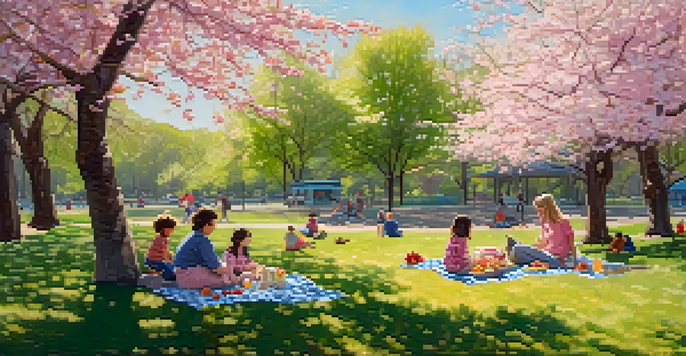 A family enjoying a picnic under cherry blossom trees in Branch Brook Park, with children playing nearby and sunlight filtering through the flowers.