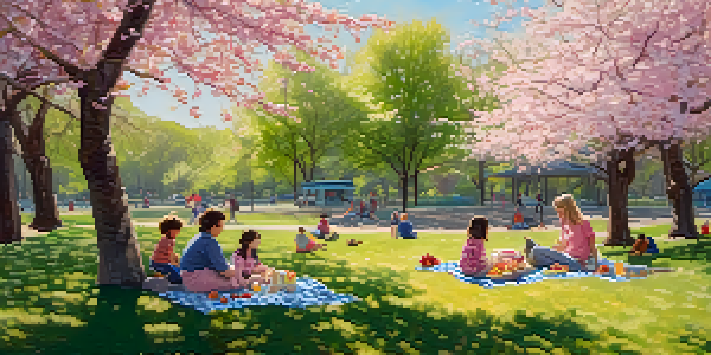 A family enjoying a picnic under cherry blossom trees in Branch Brook Park, with children playing nearby and sunlight filtering through the flowers.