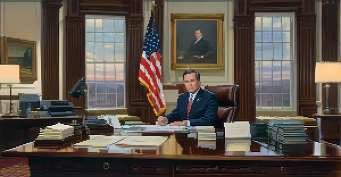 An office scene showing the Governor of New Jersey at a desk with state flags in the background, emphasizing a professional atmosphere.